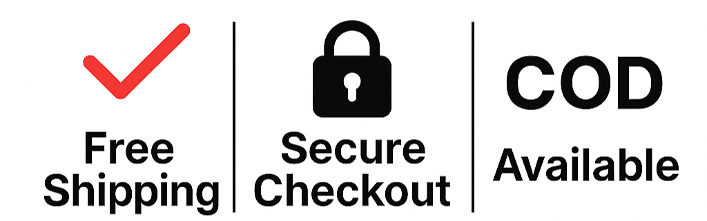 Logos for free shipping, secure checkout, and COD availability on a white background